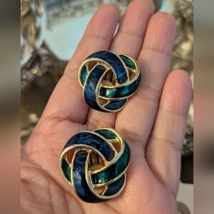 Elegant Gold and Blue Enamelled Knot Earrings‎